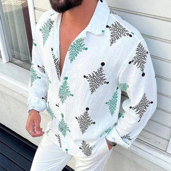 Men's Casual Printed Breathable Lapel Single Breasted Long Sleeve Shirt 47076871M