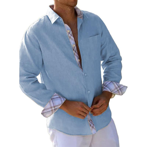 Men's Casual Vintage Plaid Stitching Lapel Long Sleeve Shirt 06167494Y