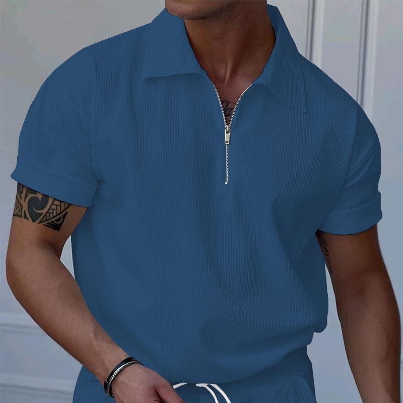 Men's Solid Color Zipper Lapel Short Sleeve Polo Shirt 47900104Y