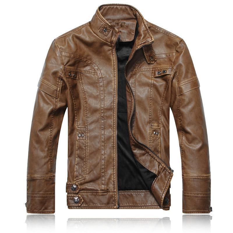 Men's Vintage Stand Collar Zipper Leather Jacket 74806084U