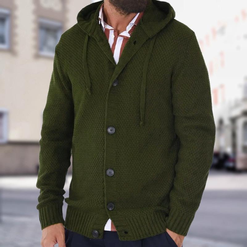 Men's Casual Solid Color Hooded Single-Breasted Slim Fit Knit Cardigan 90717958M