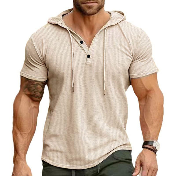 Men's Solid Hooded Henley Collar Short Sleeve Casual T-shirt 76108731Z