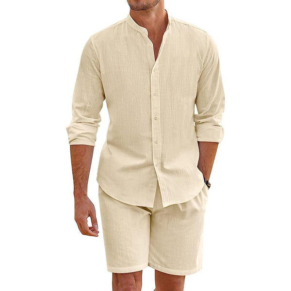 Men's Casual Solid Color Cotton Stand Collar Long Sleeve Shirt Shorts Set 91457281Y