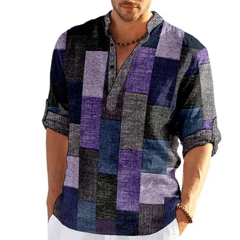 Men's Casual Contrast Color Plaid Stand Collar Long Sleeve Shirt 57323460M