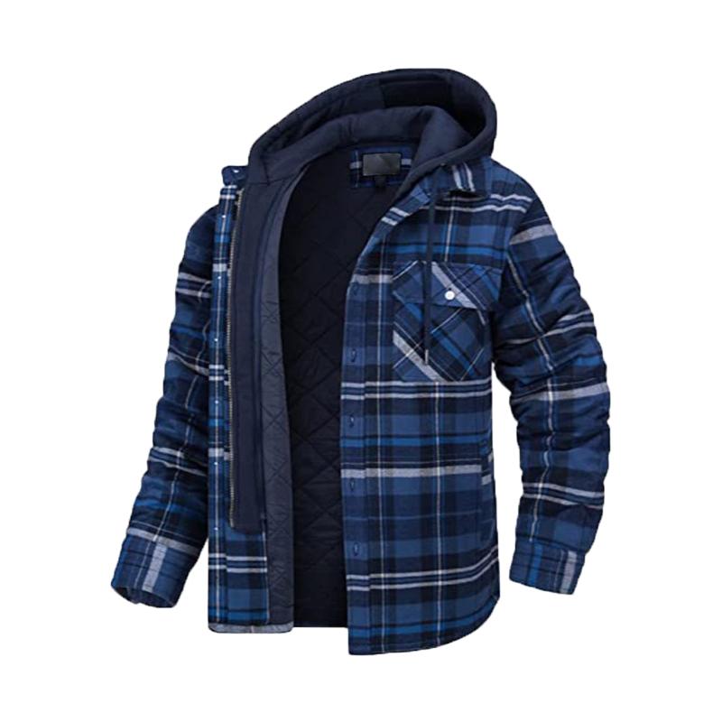 Men's Classic Casual Hood With Detachable Thick Cotton Plaid Zipper Hooded Jacket 72118581K