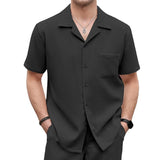 Men's Solid Color Waffle Short Sleeve Shirt And Shorts Set 68818636Y