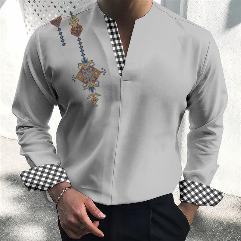Camisa de manga larga con cuello en V y estampado étnico con costuras a cuadros para hombre 80938945Z