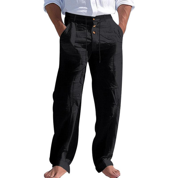 Men's Solid Color Cotton And Linen Buttons Decor Drawstring Waist Casual Pants 58659698Z