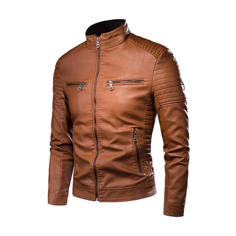 Men's Retro Classic Punk Biker Stand Collar Slim Fit Leather Jacket 01615914K