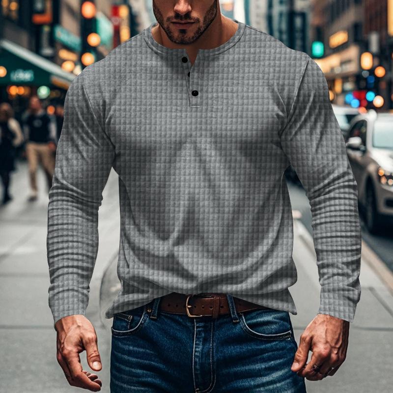 Men's Solid Waffle Button-Down Crew Neck Long Sleeve T-Shirt 40989009Y