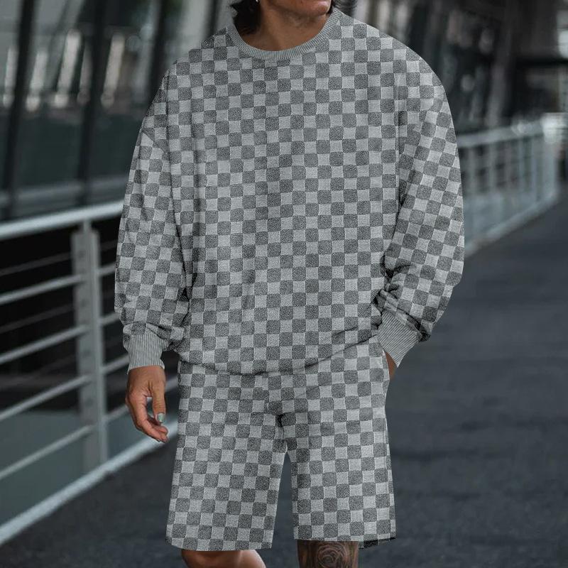 Men's Casual Checkerboard Round Neck Loose Long-sleeved Sweatshirt Sports Shorts Set 53822799M