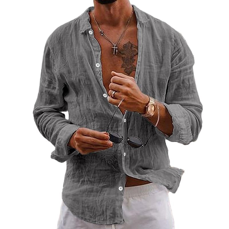 Camicia casual da uomo in cotone e lino a maniche lunghe, tinta unita, con risvolto 76098441M