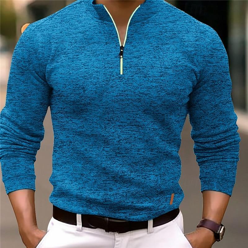 Men's Casual Mixed Color Zipper Stand Collar Long Sleeve Polo Shirt 58467058Y