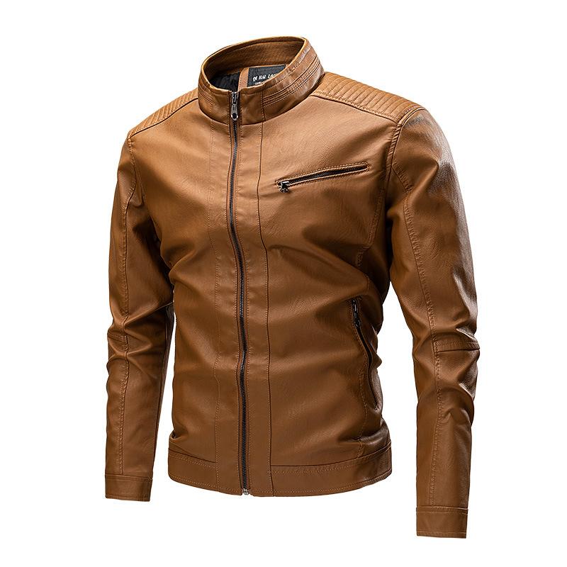 Men's Solid Color Leather Zip-Up Motorcycle Jacket 27903055U