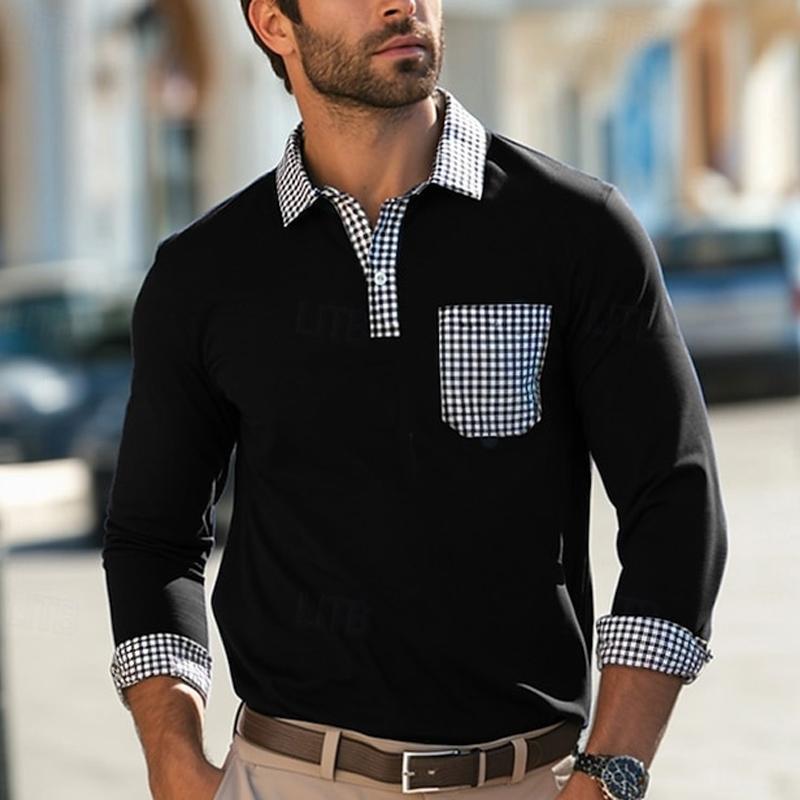 Men's Lapel Plaid Patchwork Button Long Sleeve Polo Shirt 08297737U