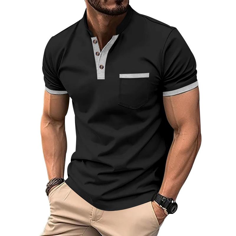 Men's Colorblock Henley Collar Chest Pocket Short Sleeve T-shirt 20900398Z