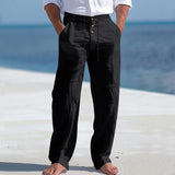 Men's Solid Color Cotton And Linen Buttons Decor Drawstring Waist Casual Pants 58659698Z