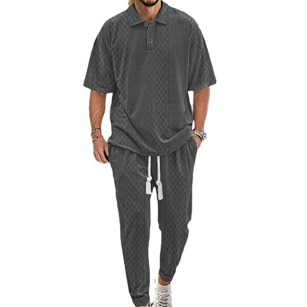 Men's Vintage Jacquard Lapel Loose Polo Shirt Sports Pants Set 12536587M