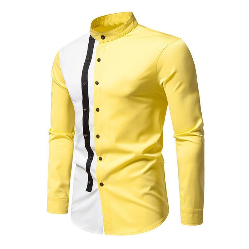 Men's Casual Color Block Stand Collar Slim Fit Long Sleeve Shirt 82440980M