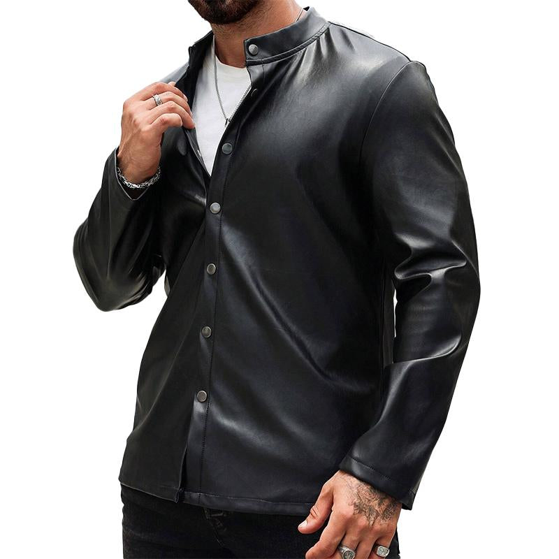 Men's Solid Color Biker Collar Long Sleeve Leather Shirt 74755697X