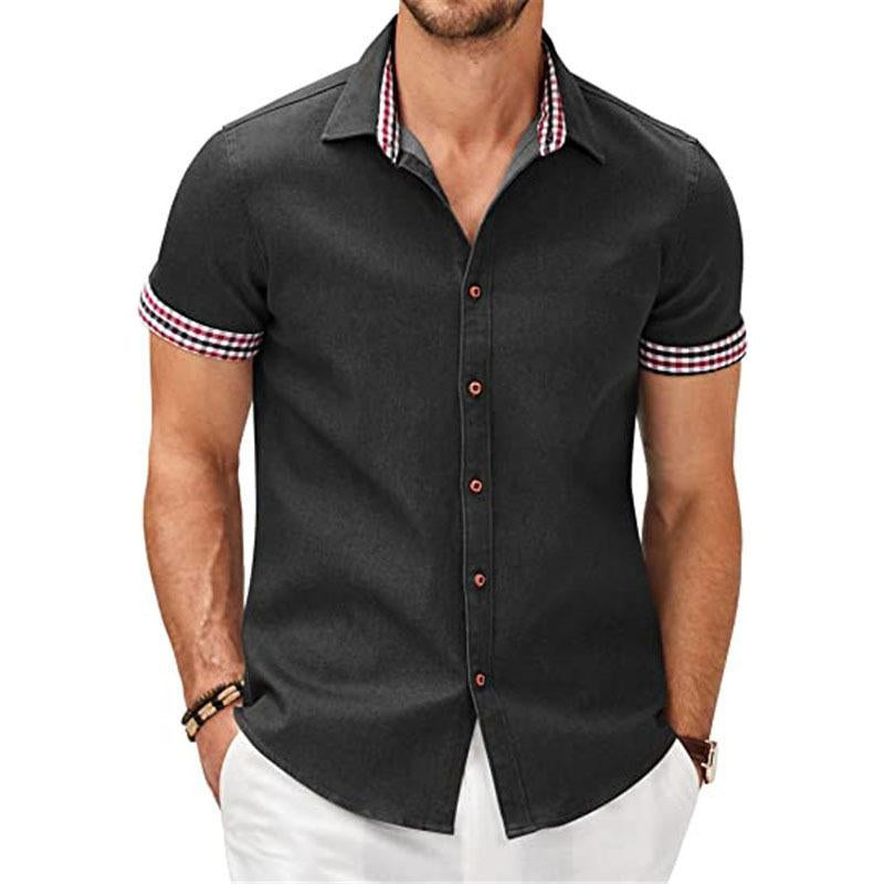 Men's Casual Check Print Stitching Lapel Short Sleeve Shirt 43927495Y