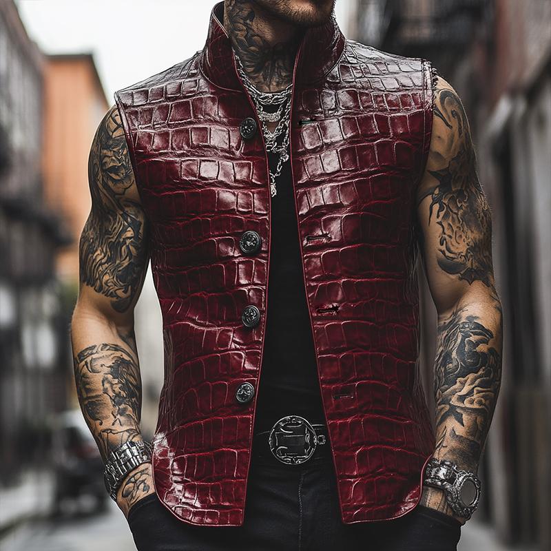 Men's Retro Casual Embossed Stand Collar Leather Vest 16866806TO