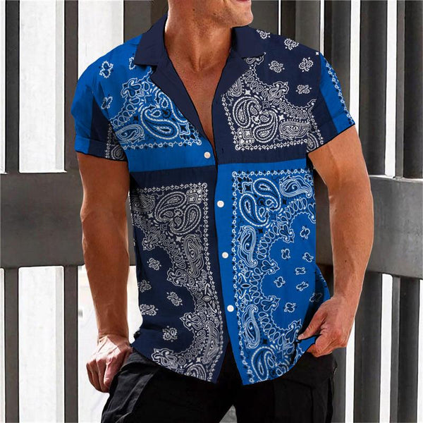 Men's Vintage Color Block Perris Cashew Flower Short Sleeve Shirt 41920550TO