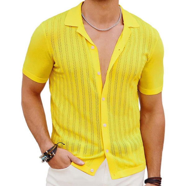 Men's Casual Breathable Hollow Lapel Short-Sleeved Knitted Cardigan 19431818M