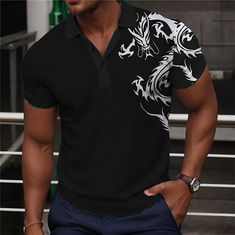 Men's Casual Dragon Print Short Sleeve POLO Shirt 00692974X