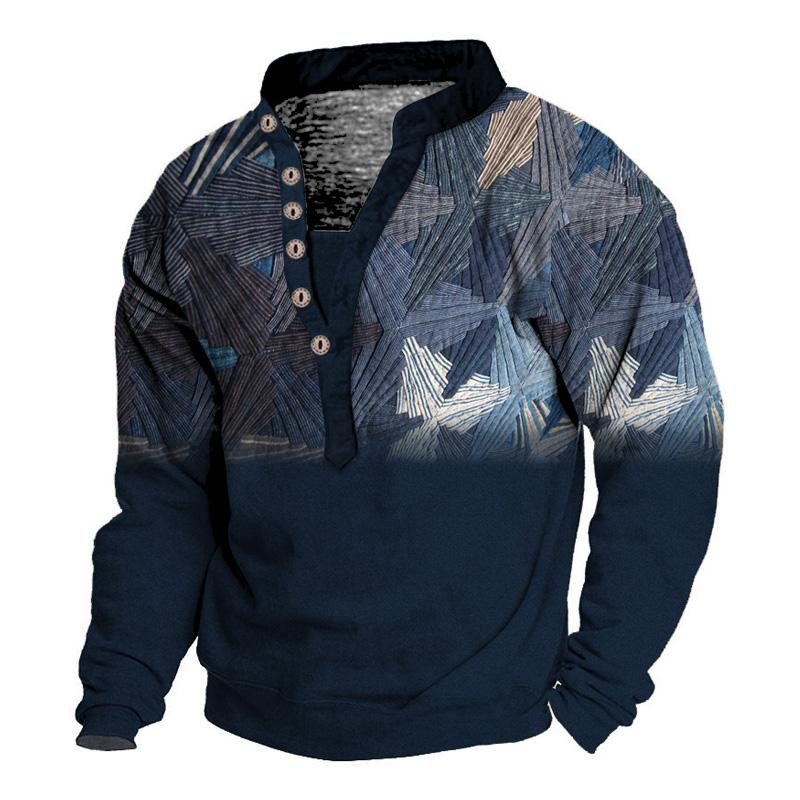 Men's Printed Stand Collar V-Neck Vintage Sweatshirt 82669063U