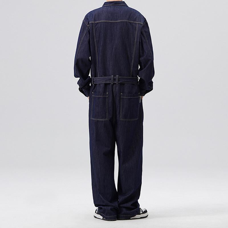 Men's Vintage Loose Belt Multi-Pocket Denim Jumpsuit Coverall 71826101Y