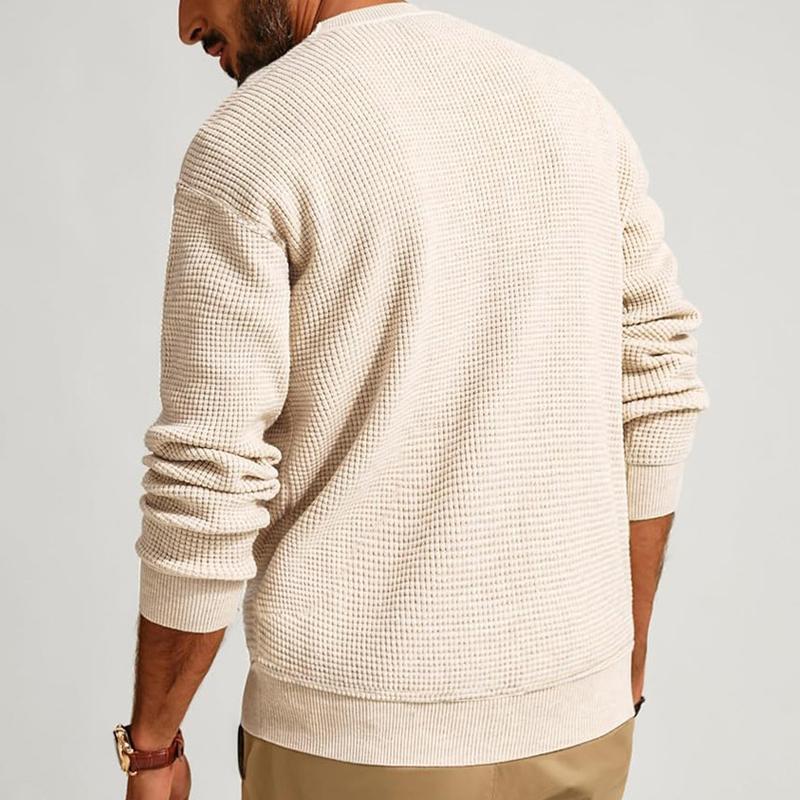 Men's Solid Color Crew Neck Pullover Waffle Knit Sweater 33644630X