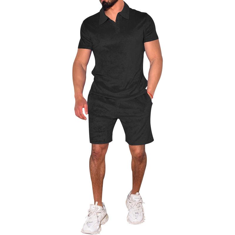 Men's Solid Lapel Short Sleeve Polo Shirt And Shorts Set 28691834Z