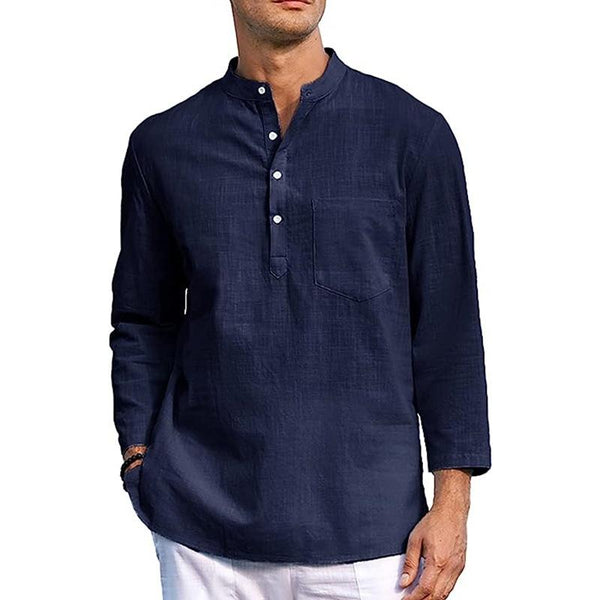Men's Solid Color Linen Henley Collar Long Sleeve Shirt 78635906X