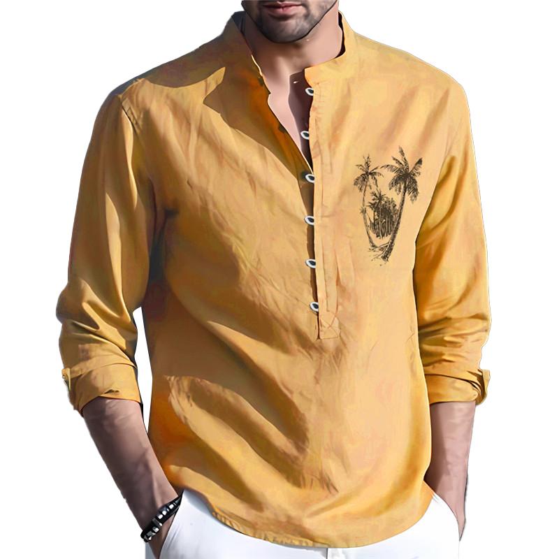 Men's Casual Solid Color Printed Stand Collar Long Sleeve Shirt 39388058Y
