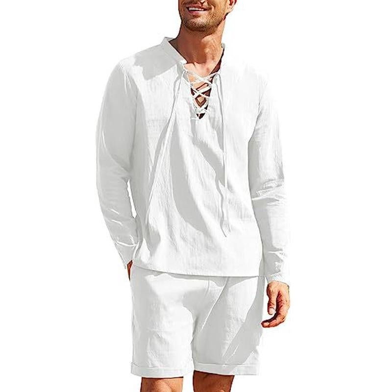 Men's Beach Solid Color Long Sleeve Cotton Linen Stand Collar Shirt Shorts Set 60040984X