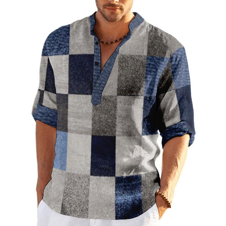 Men's Casual Loose Printed Cotton And Linen Stand Collar Long Sleeve Shirt 82174855K