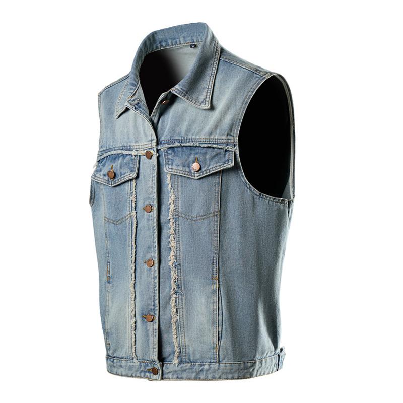 Men's Vintage Washed Raw Edge Patchwork Multi-pocket Denim Vest 01135191M