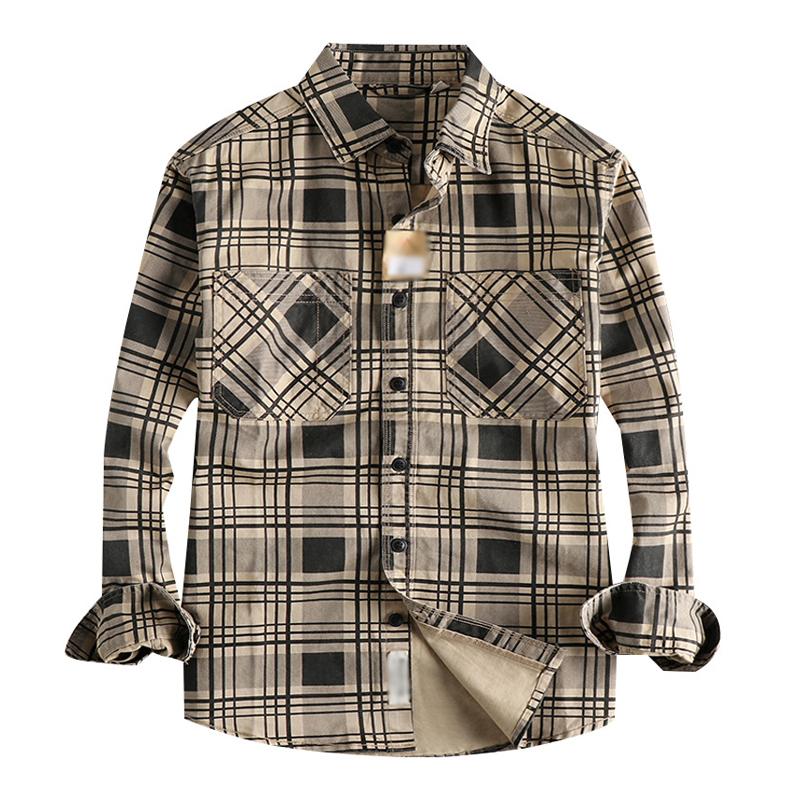 Men's Vintage Plaid Cotton Patch Pocket Flap Long Sleeve Shirt 23502909M