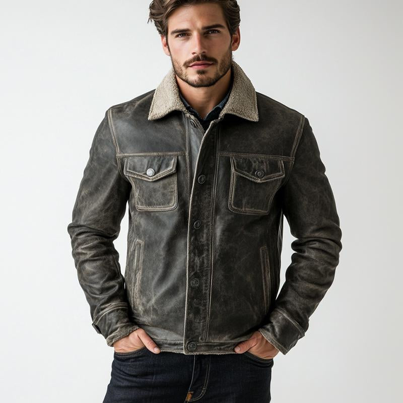 Men's Distressed Lambswool Lining Leather Jacket 98378881U