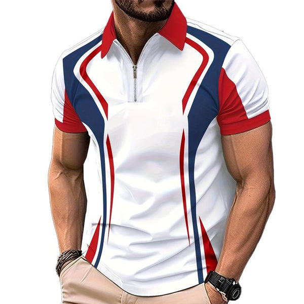 Men's Colorblock Printed Zipper Casual Short Sleeve POLO Shirt 25983024X