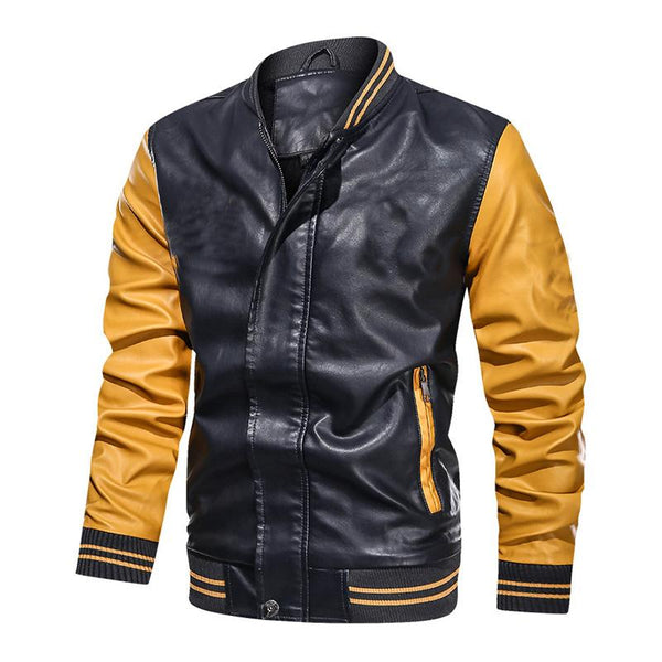 Men's Vintage Colorblock Leather Zipper Loose Baseball Jacket 12767705M