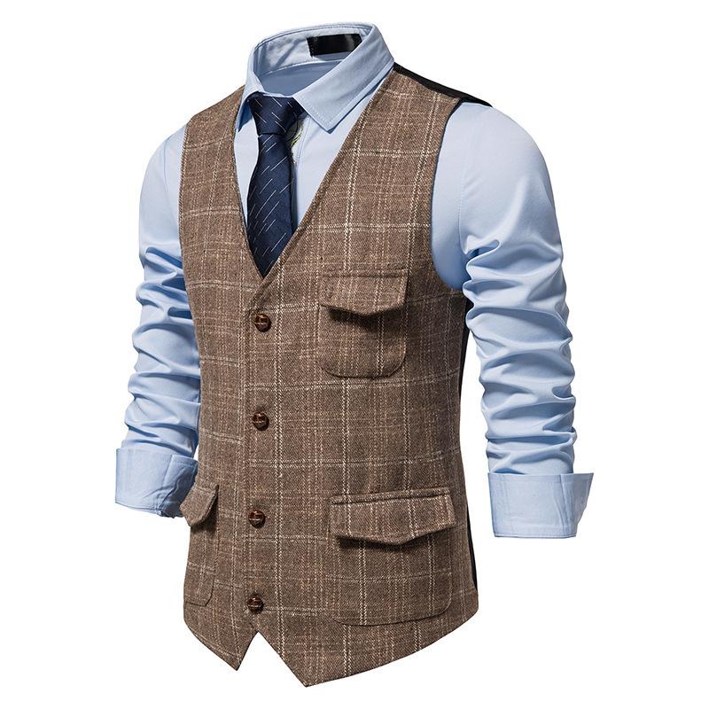 Men's Vintage Check Breast Pocket Collarless Vest 51861612Y