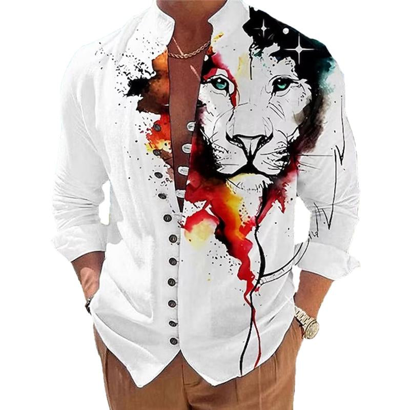 Men's Animal Print Stand Collar Long Sleeve Shirt 83367502X