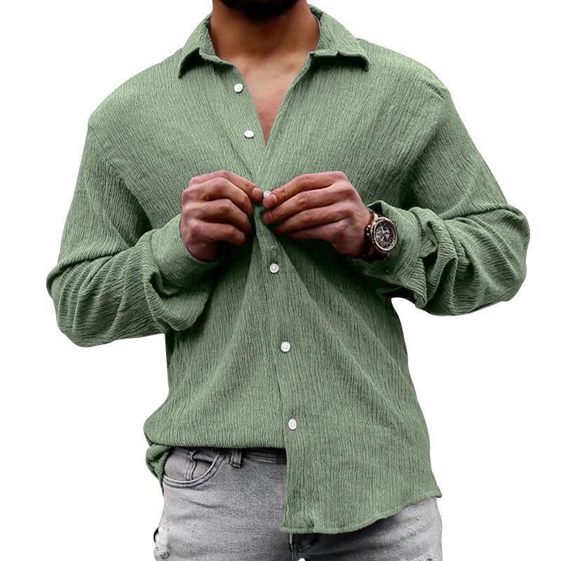 Men's Solid Loose Linen Lapel Long Sleeve Shirt 01526129Z