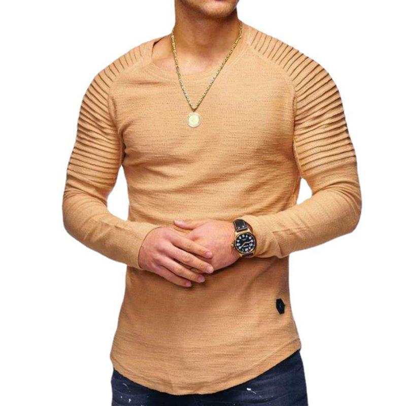 Men's Casual Solid Color Pleated Stitching Round Neck Long Sleeve T-Shirt 46273311M