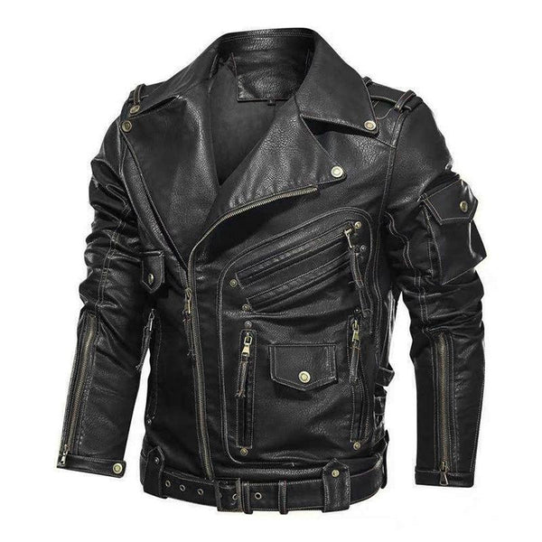 Men's Vintage Punk Lapel Patchwork Multi-pocket Zipper Leather Jacket 27872818M