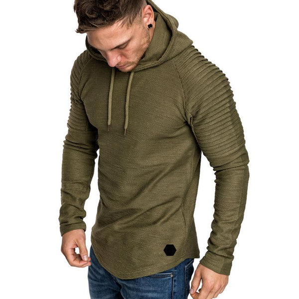 Men's Crew Neck Slim Fit Solid Color Striped Pleated Hoodie 07879431U