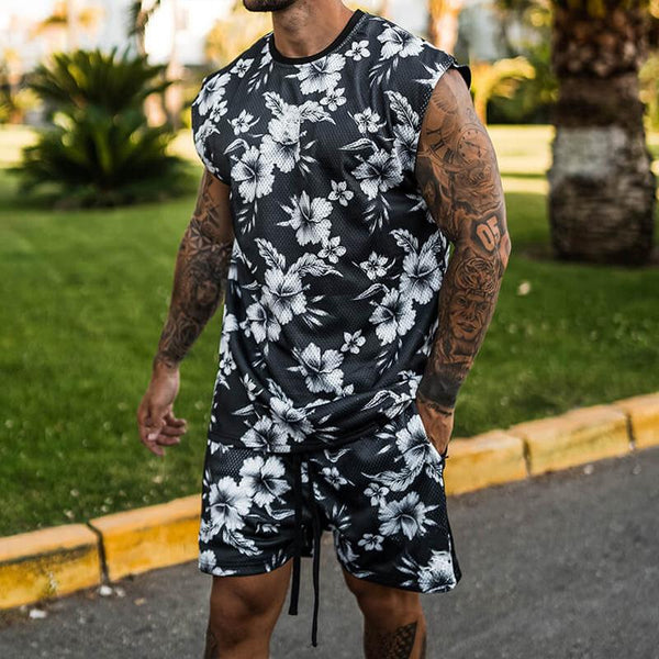Men's Sports Casual Floral Print Quick Dry Tank Top Shorts Set 11524283Y