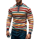 Men's Colorblock Striped Henley Collar Long Sleeve Casual T-shirt 43909825Z